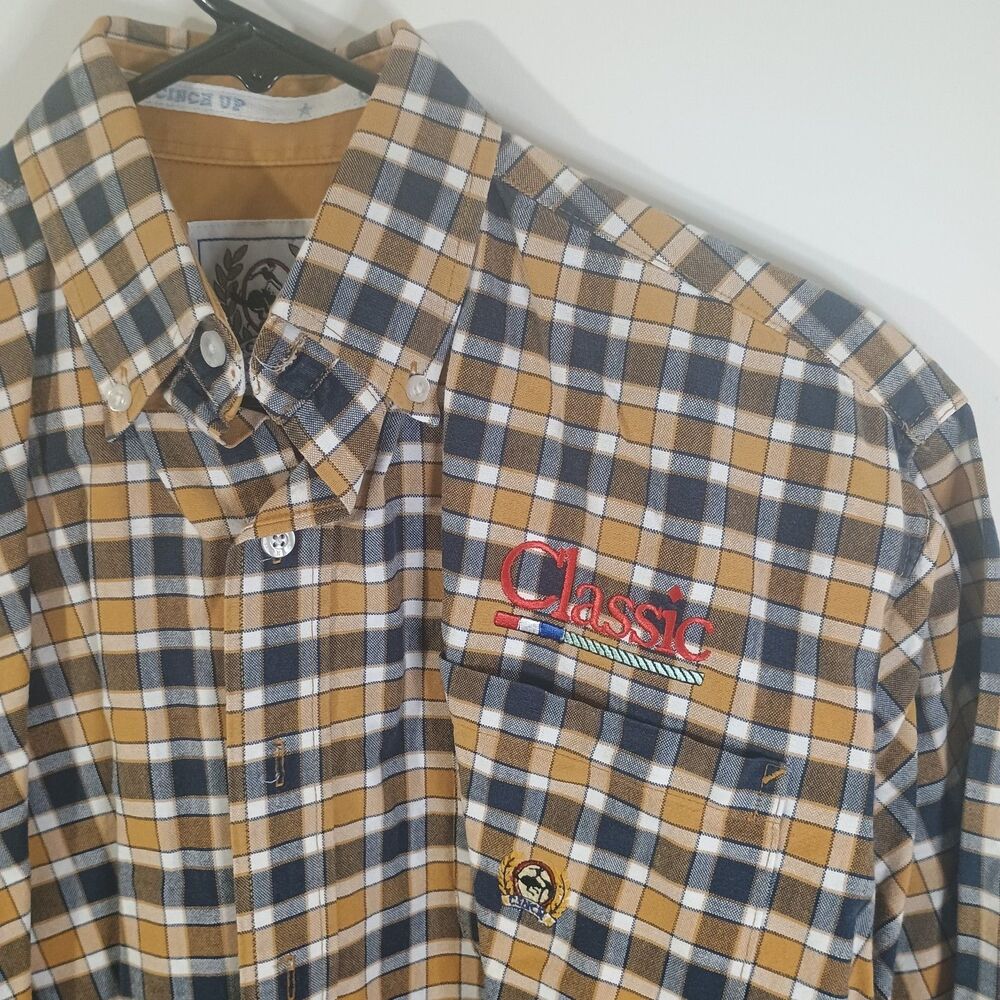 Cinch Long Sleeve Shirt Men's Size S Tan & Blue Check Plaid Cowboy Rodeo Western